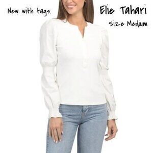 Elie Tahari Women's Sky White Long Puff Sleeve Henley Top Size Medium - New NWT